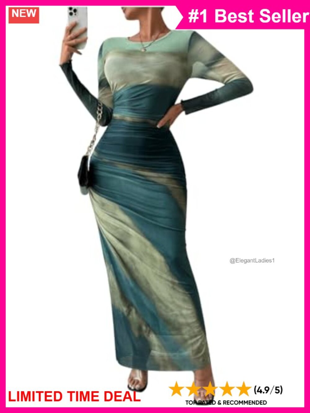 Long Sleeve Tie-Dye Bodycon Maxi Dress Ruched Mesh Formal Wedding Guest